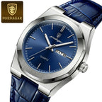 POEDAGAR 930 Men's Ultra-Thin 40mm Watch - Luminous Leather Strap Business Casual Quartz Silver Blue