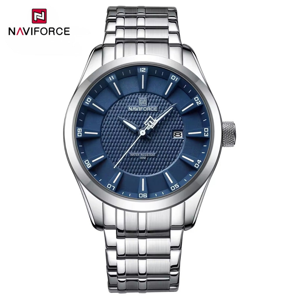 NAVIFORCE 8032 Men’s Stainless Steel Watch – Original Quartz Business Wristwatch - Silver and Blue