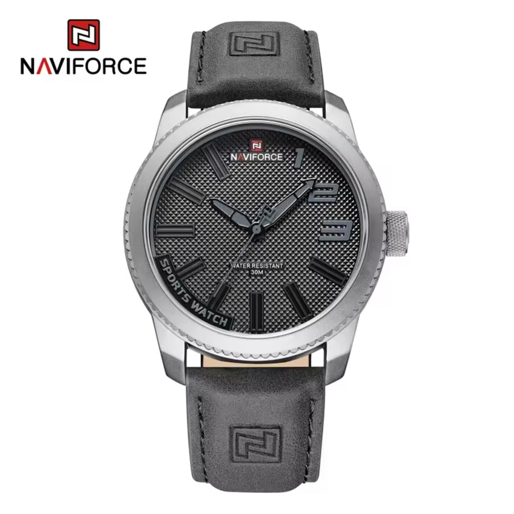 NAVIFORCE 9202L Men’s Fashion Quartz Watch – Waterproof Analog Sport Wristwatch with Leather Strap & Date Silver and Gray