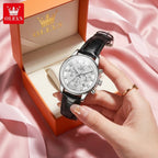 OLEVS 3669 Women’s Multi-Function Watch – Genuine Leather Chronograph Quartz Wristwatch Silvery White