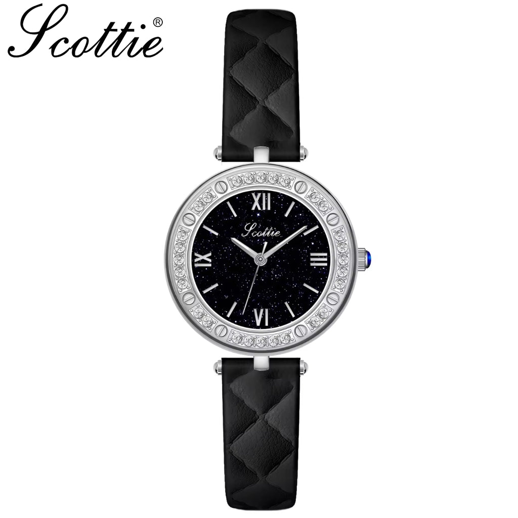 Scottie 9562 Women’s Luxury Fashion Watch –  Quartz Wristwatch with Shiny Leather Strap Black