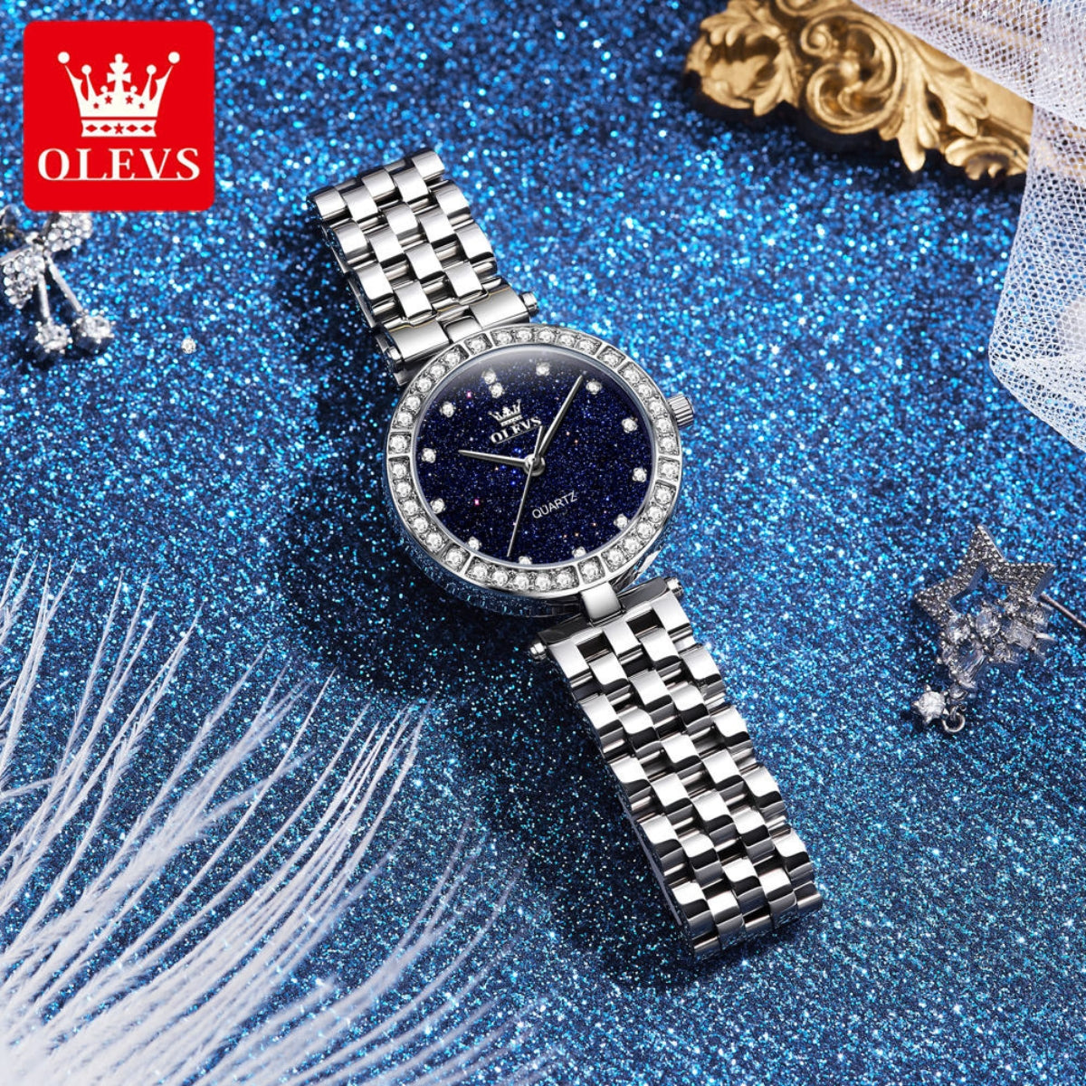 OLEVS 3641 Women’s Starry Sky Watch – Luxury Stainless Steel Waterproof Quartz with Luminous Dial - Silver and Blue