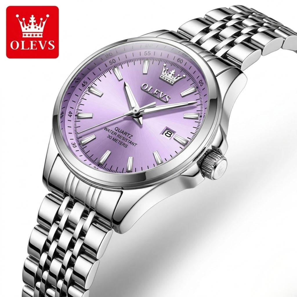 OLEVS 3703 Women’s Elegant Stainless Steel Watch – High Quality Classic Luxury Quartz Wristwatch - Silver and Purple
