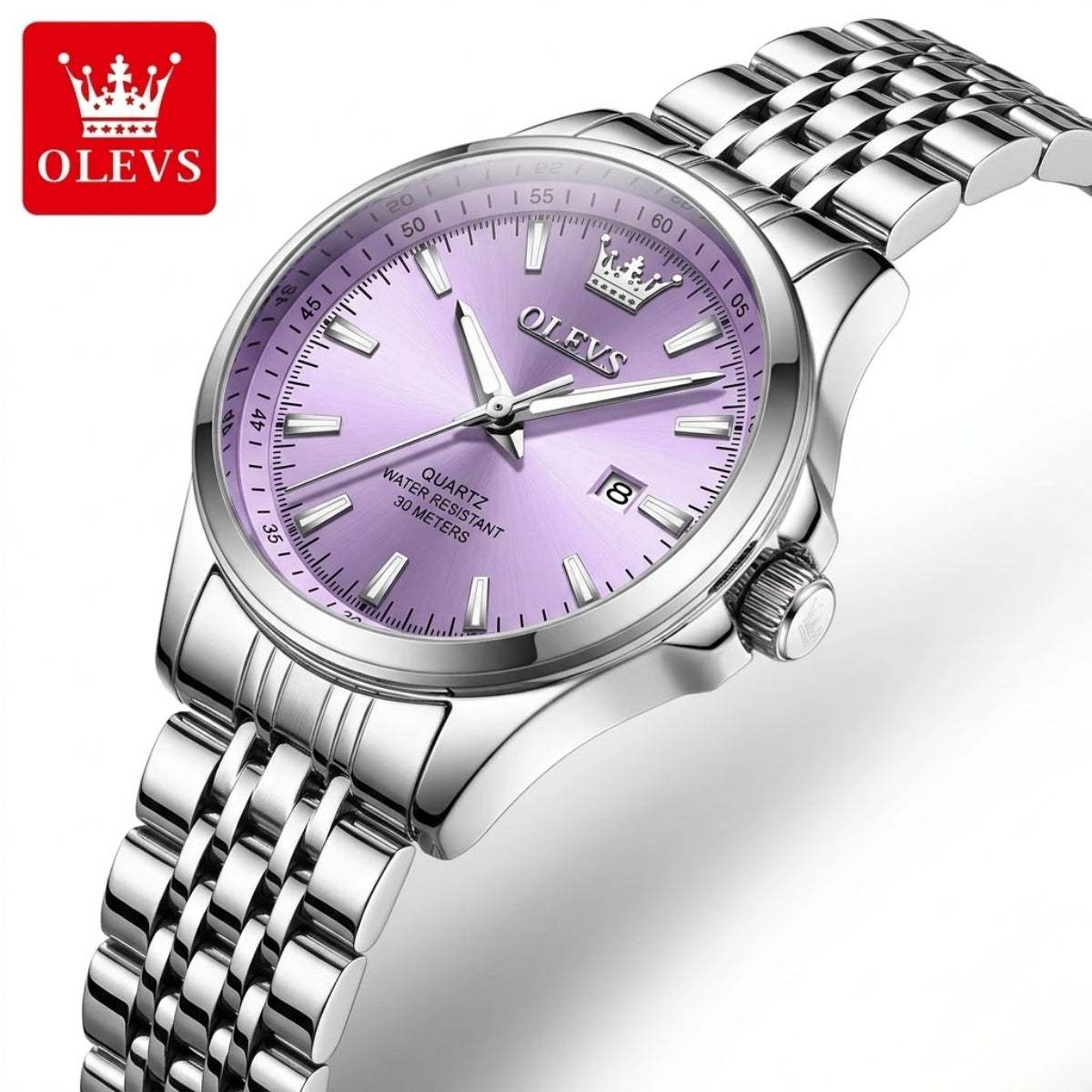 OLEVS 3703 Women’s Elegant Stainless Steel Watch – High Quality Classic Luxury Quartz Wristwatch - Silver and Purple