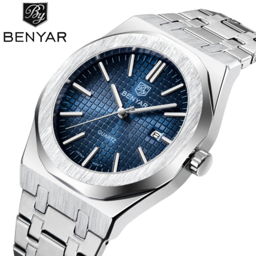 BENYAR 5156 Men's Luxury integrated-Bracelet "Royal Oak" Inspired Design - Silver and Blue Watch