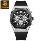 POEDAGAR 893 Elite Sports: Luxury Men’s Chronograph – High-Performance Silicone Strap, Waterproof & Luminous Quartz Movement Silver Black