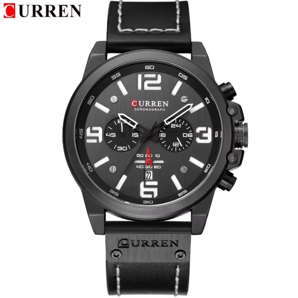 Curren 8314 Men Sport Chronograph Watch Top Fashion Genuine Leather Wristband Waterproof Quartz Black 8314