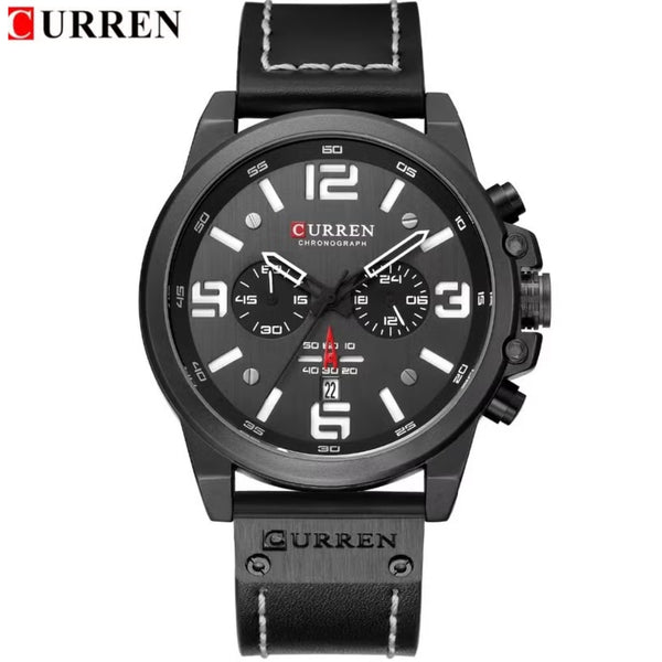 Curren 8314 Men Sport Chronograph Watch Top Fashion Genuine Leather Wristband Waterproof Quartz Black 8314