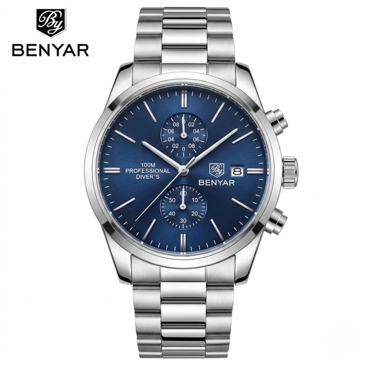 BENYAR 5187 Men’s Luxury Quartz Watch – Stainless Steel Band Chronograph Blue Dial