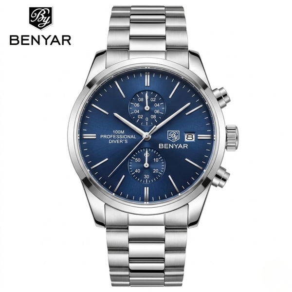 BENYAR 5187 Men’s Luxury Quartz Watch – Stainless Steel Band Chronograph Blue Dial