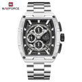 NAVIFORCE 8066 Luxury Chronograph Men's Watch – Heavy Duty Stainless Steel 3-Dial Quartz Sport Wristwatch with Date Display Black Silver
