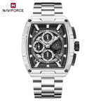 NAVIFORCE 8066 Luxury Chronograph Men's Watch – Heavy Duty Stainless Steel 3-Dial Quartz Sport Wristwatch with Date Display Black Silver