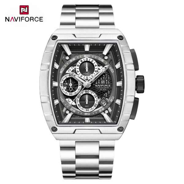 NAVIFORCE 8066 Luxury Chronograph Men's Watch – Heavy Duty Stainless Steel 3-Dial Quartz Sport Wristwatch with Date Display Black Silver