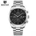 BENYAR 5187 Men’s Luxury Quartz Watch – Stainless Steel Band Chronograph Black Dial