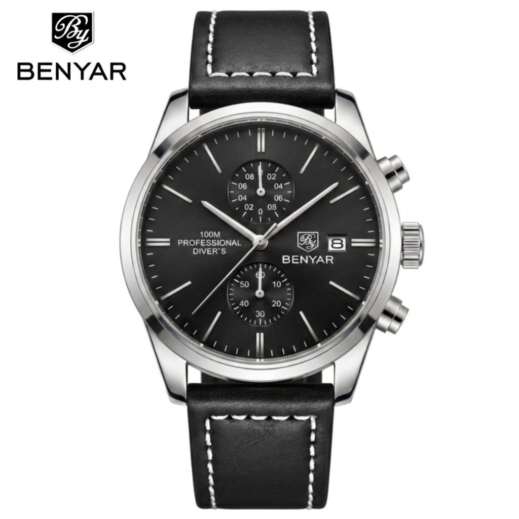 BENYAR 5187 Men’s Luxury Quartz Watch – Leather Band with Chronograph - Black and Silver