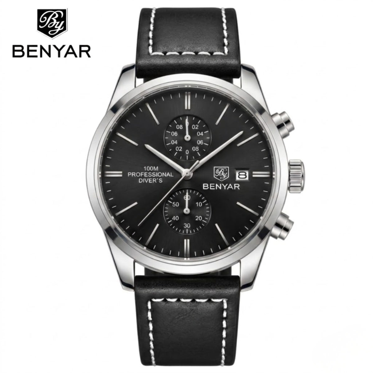 BENYAR 5187 Men’s Luxury Quartz Watch – Leather Band with Chronograph - Black and Silver