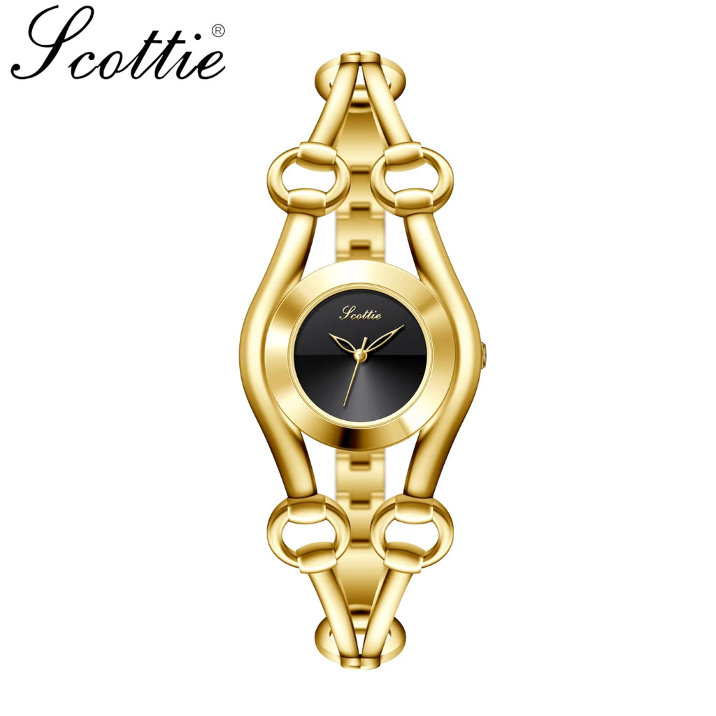 Scottie 9737 Women’s Luxury Watch – New  Shape Alloy Wristwatch with Buckle Clasp Gold and Black
