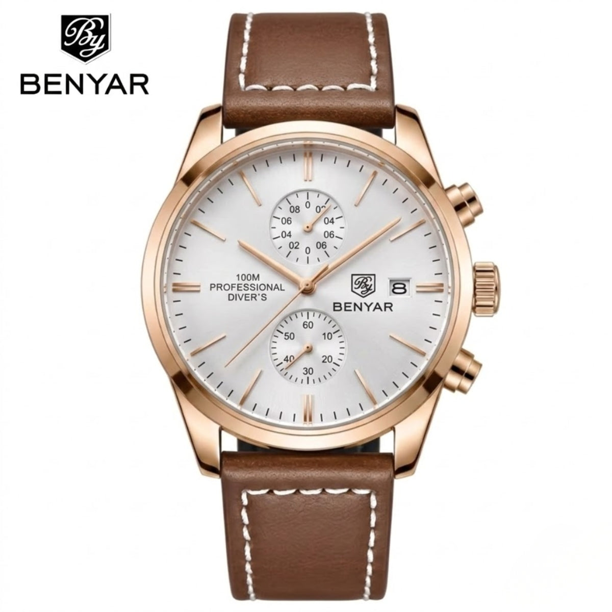 BENYAR 5187 Men’s Luxury Quartz Watch – Leather Band with Chronograph - Beige Dial