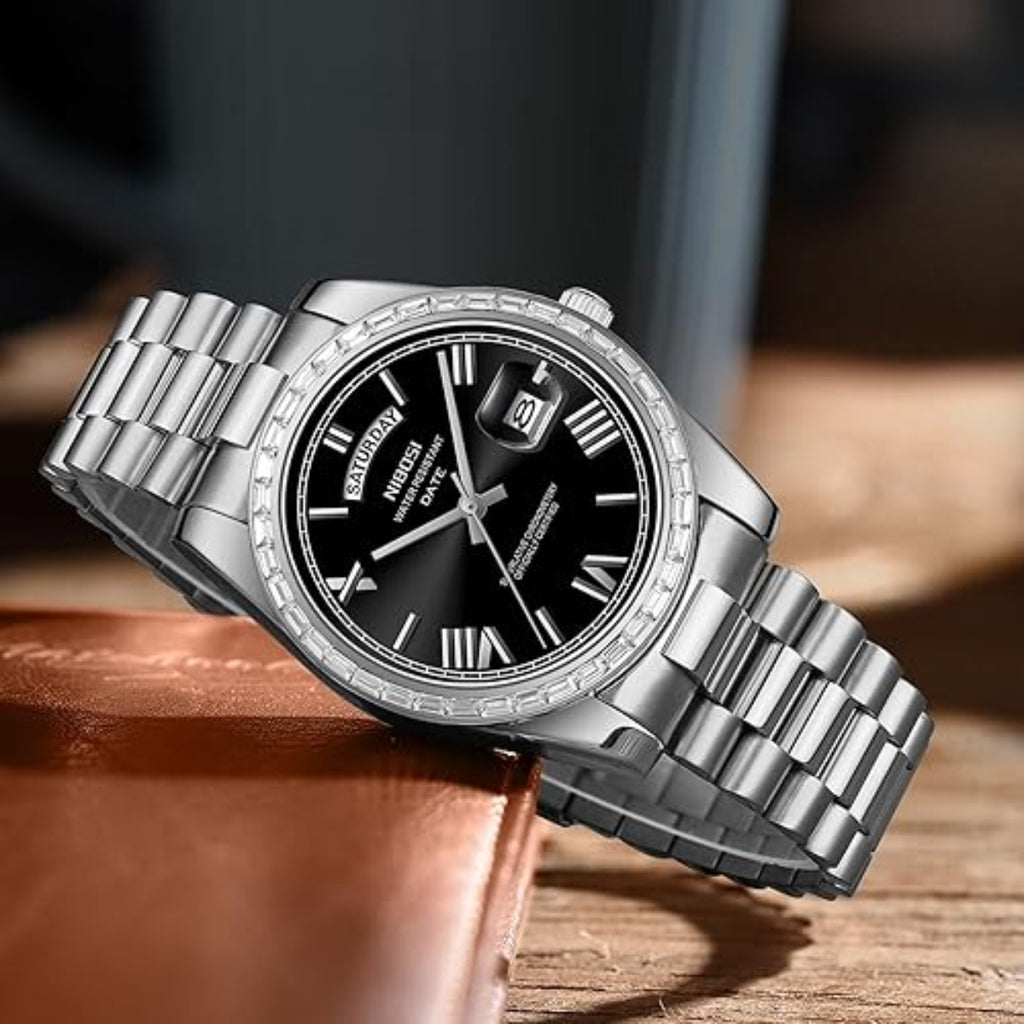 NIBOSI 2628 Luxury Men’s Quartz Watch – Faceted Crystal Bezel & Sunburst Dial Precision Business Timepiece Silver Black