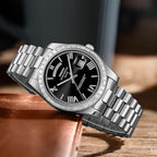 NIBOSI 2628 Luxury Men’s Quartz Watch – Faceted Crystal Bezel & Sunburst Dial Precision Business Timepiece Silver Black