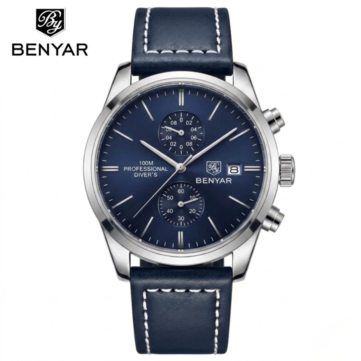 BENYAR 5187 Men’s Luxury Quartz Watch – Leather Band with Chronograph - Blue Dial