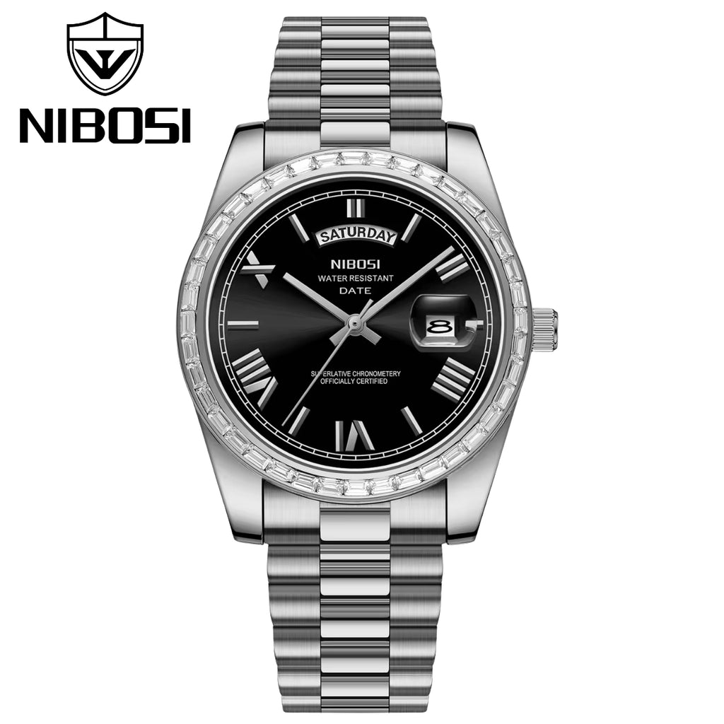 NIBOSI 2628 Luxury Men’s Quartz Watch – Faceted Crystal Bezel & Sunburst Dial Precision Business Timepiece Silver Black