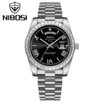 NIBOSI 2628 Luxury Men’s Quartz Watch – Faceted Crystal Bezel & Sunburst Dial Precision Business Timepiece Silver Black