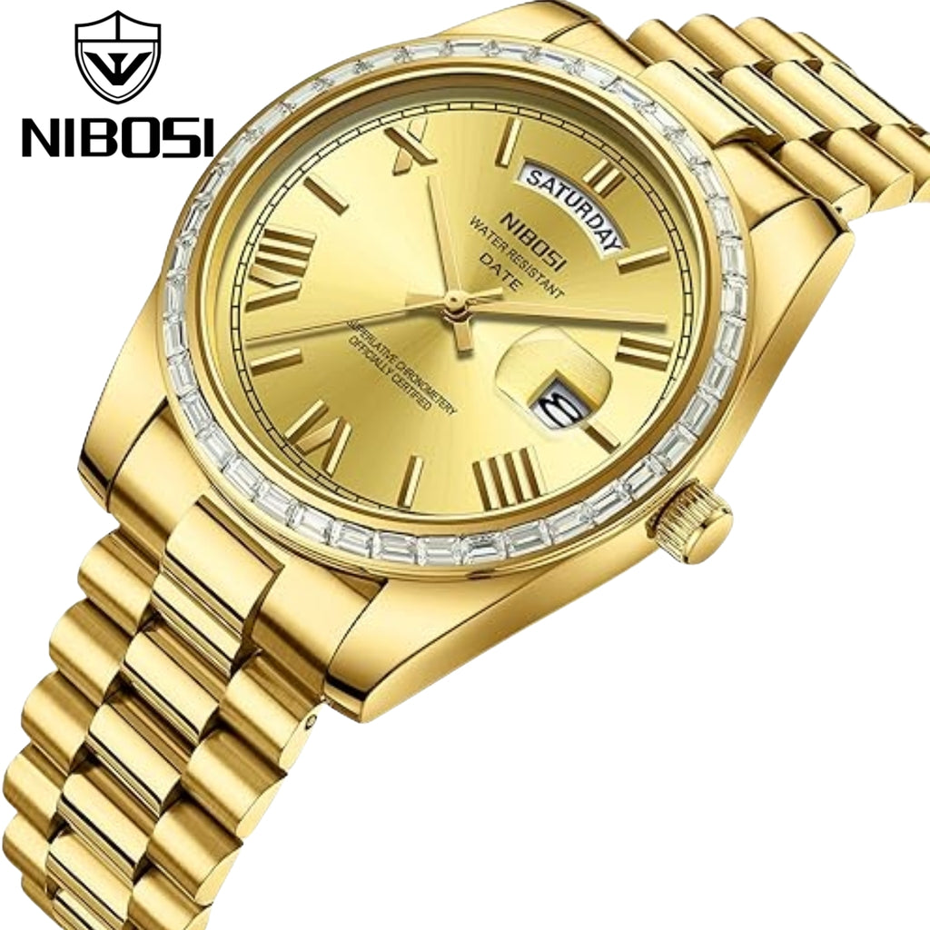 NIBOSI 2628 Luxury Men’s Quartz Watch – Faceted Crystal Bezel & Sunburst Dial Precision Business Timepiece Gold