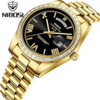 NIBOSI 2628 Luxury Men’s Quartz Watch – Faceted Crystal Bezel & Sunburst Dial Precision Business Timepiece Gold Black