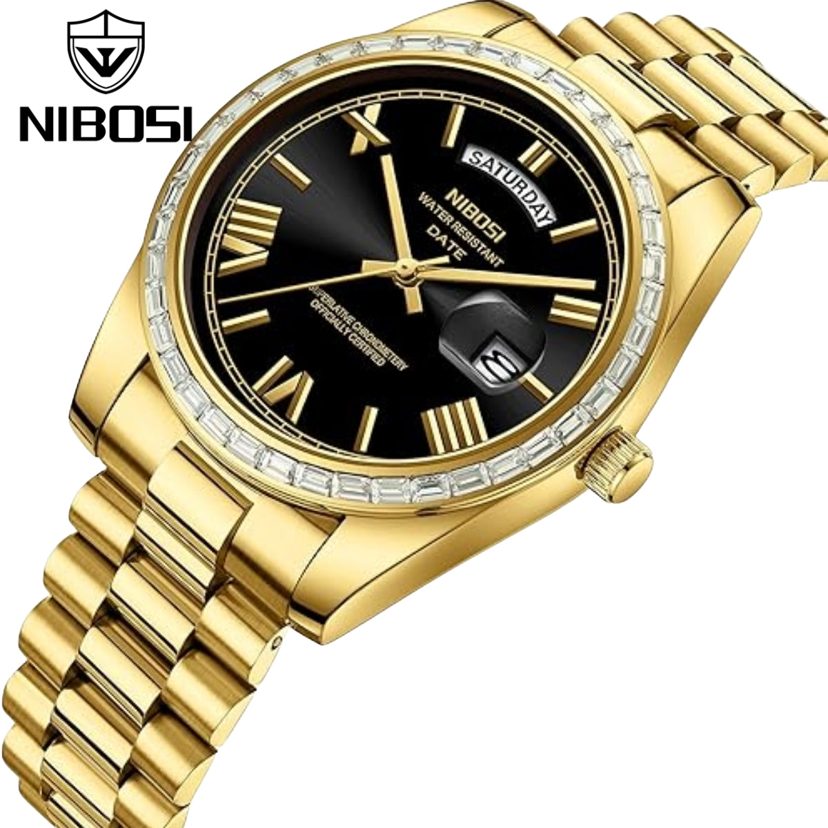 NIBOSI 2628 Luxury Men’s Quartz Watch – Faceted Crystal Bezel & Sunburst Dial Precision Business Timepiece Gold Black