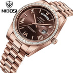 NIBOSI 2628 Luxury Men’s Quartz Watch – Faceted Crystal Bezel & Sunburst Dial Precision Business Timepiece Rose Gold Brown