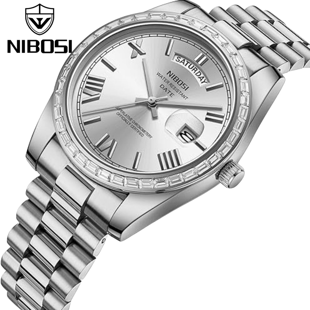 NIBOSI 2628 Luxury Men’s Quartz Watch – Faceted Crystal Bezel & Sunburst Dial Precision Business Timepiece Silver