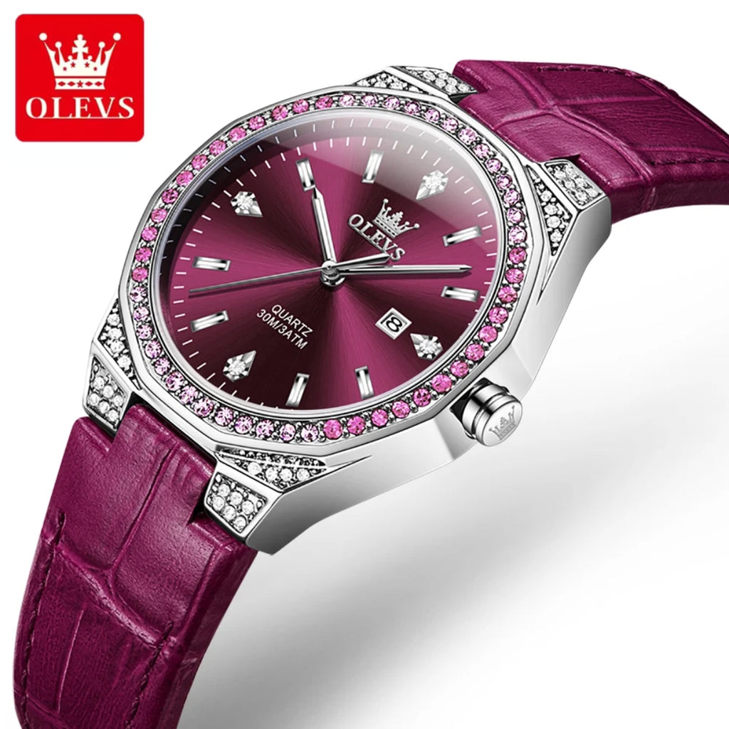 OLEVS 5606 Women’s Luxury Leather Watch – Fashion Quartz Wristwatch with Diamond Accents Purple