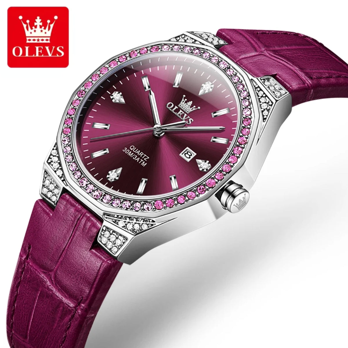 OLEVS 5606 Women’s Luxury Leather Watch – Fashion Quartz Wristwatch with Diamond Accents Purple