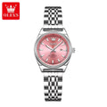 OLEVS 3703 Women’s Elegant Stainless Steel Watch – High Quality Classic Luxury Quartz Wristwatch  - Pink and Silver