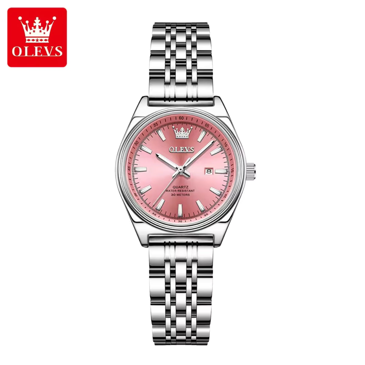 OLEVS 3703 Women’s Elegant Stainless Steel Watch – High Quality Classic Luxury Quartz Wristwatch  - Pink and Silver