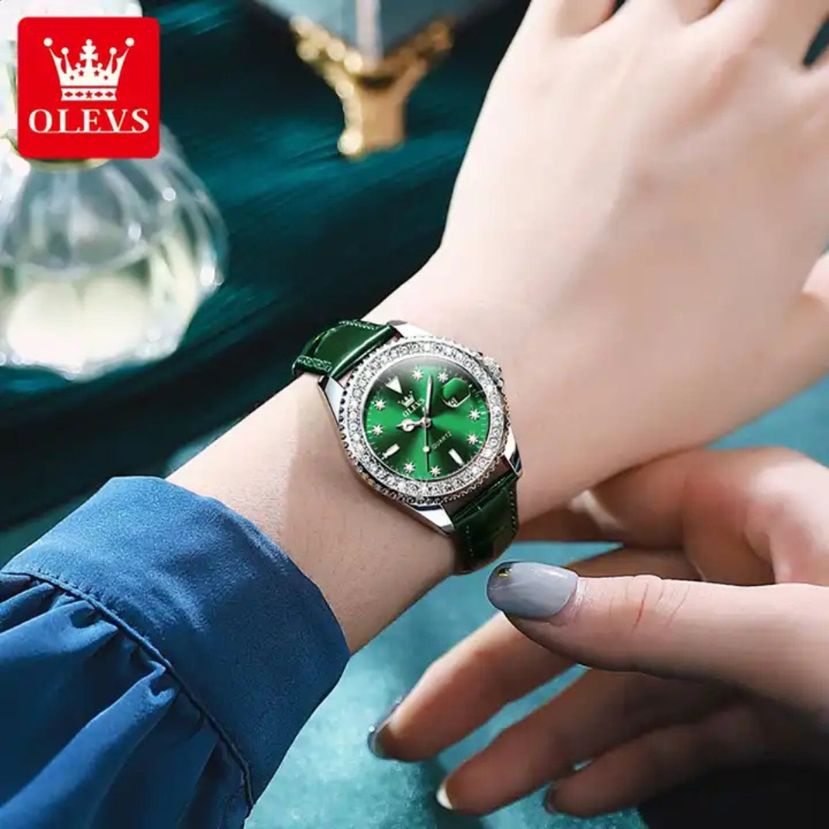 OLEVS 9945 Women’s Minimalist Watch – Thin Black Leather Quartz Wristwatch with Vintage Green Dial