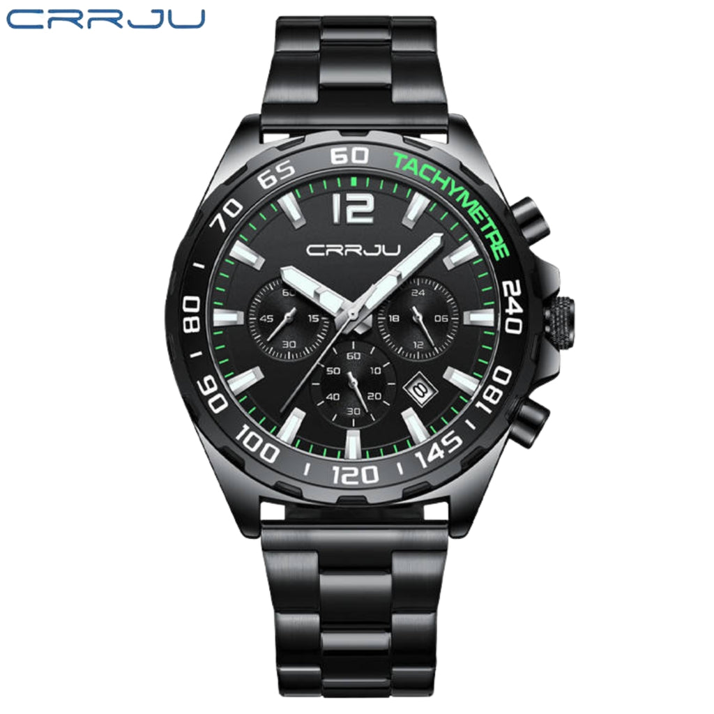 CRRJU 2299 Luxury Chronograph Watch – Premium Stainless Steel Bracelet, Elegant Business Wristwatch for Men Black