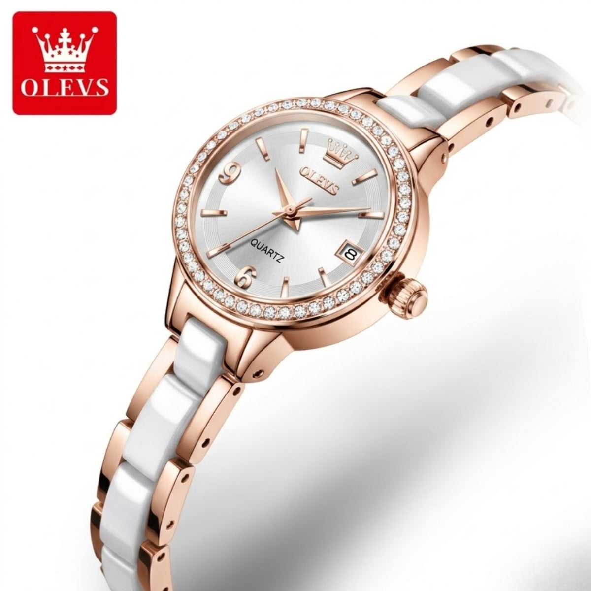 OLEVS 7093 Women’s Ceramic & Steel Watch – High Quality Luxury Classic Quartz Wristwatch Rose White