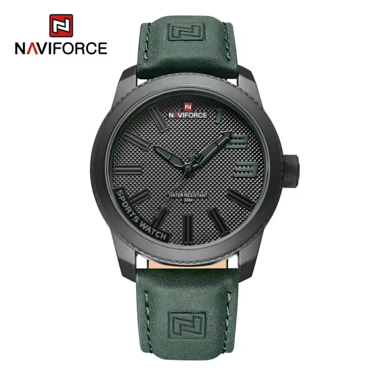 NAVIFORCE 9202L Men’s Fashion Quartz Watch – Waterproof Analog Sport Wristwatch with Leather Strap & Date Green
