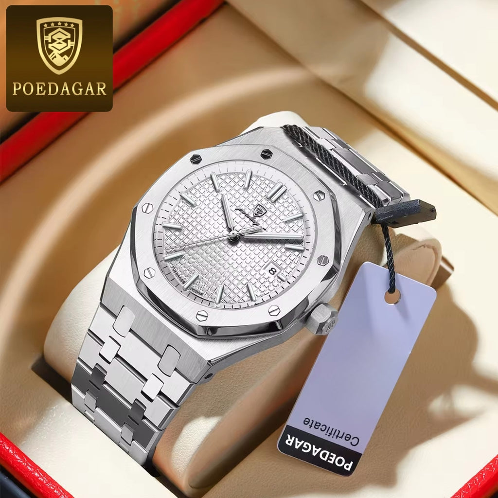 POEDAGAR 924 Men's Luxury Watch: Stainless Steel Waterproof Quartz with Day-Date & Luminous Display Silver White