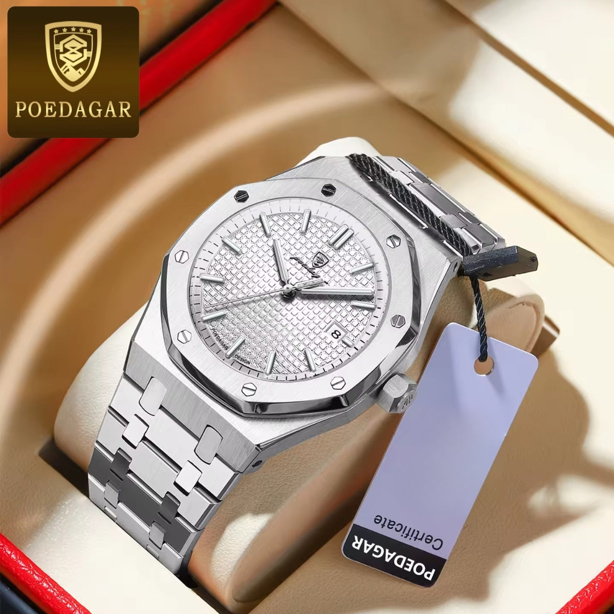 POEDAGAR 924 Men's Luxury Watch: Stainless Steel Waterproof Quartz with Day-Date & Luminous Display Silver White