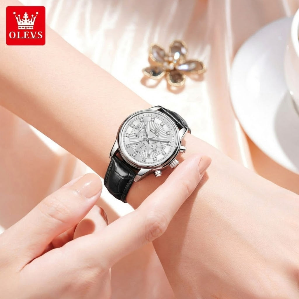 OLEVS 3669 Women’s Multi-Function Watch – Genuine Leather Chronograph Quartz Wristwatch Silvery White