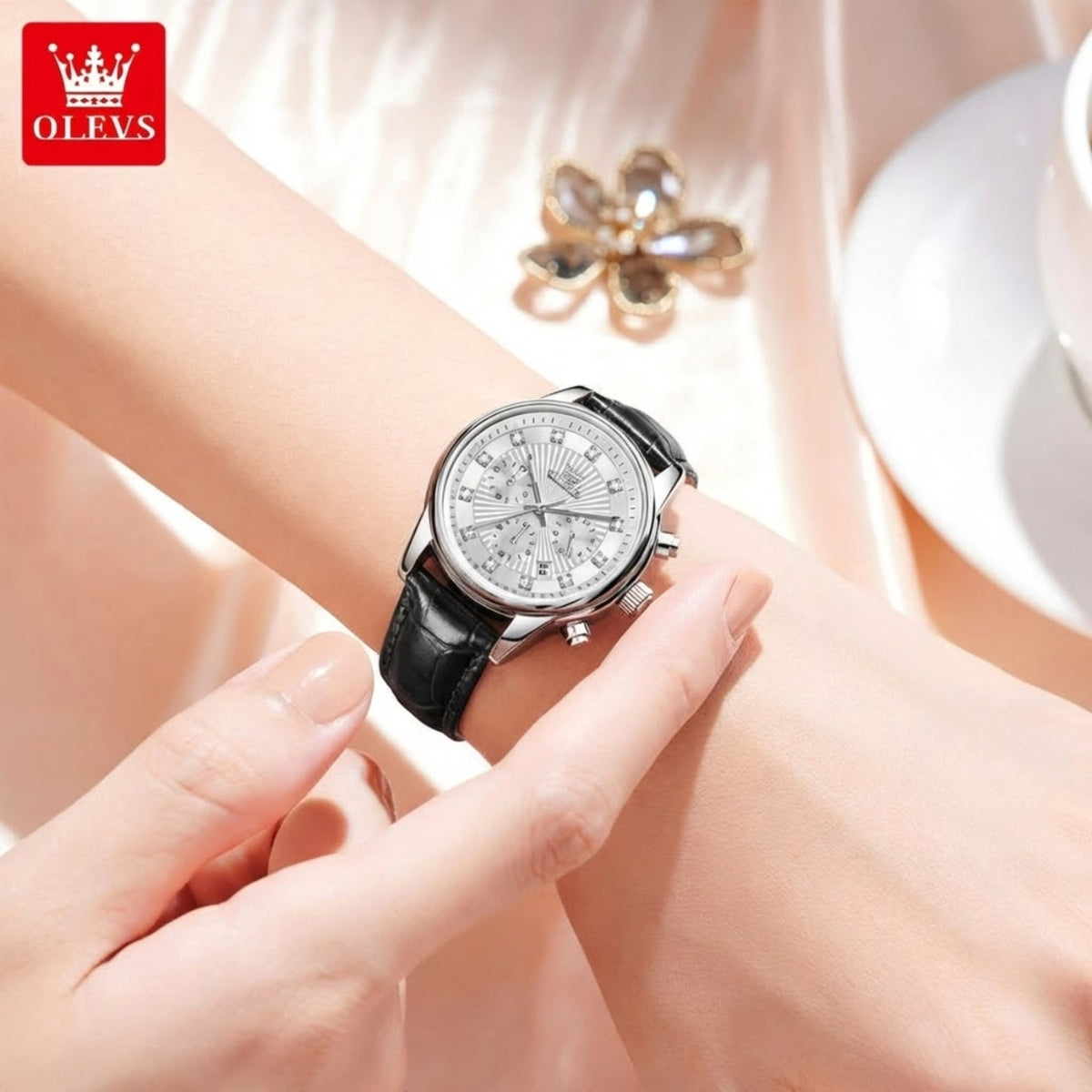 OLEVS 3669 Women’s Multi-Function Watch – Genuine Leather Chronograph Quartz Wristwatch Silvery White