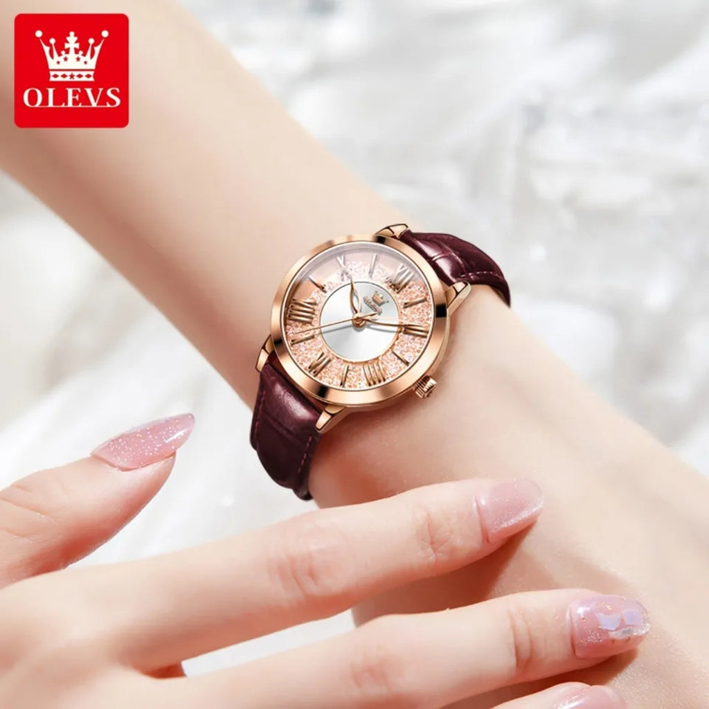 OLEVS 5539 Women’s Burgundy Skeleton Watch – Luxury Transparent Fashion Quartz Wristwatch (Waterproof)