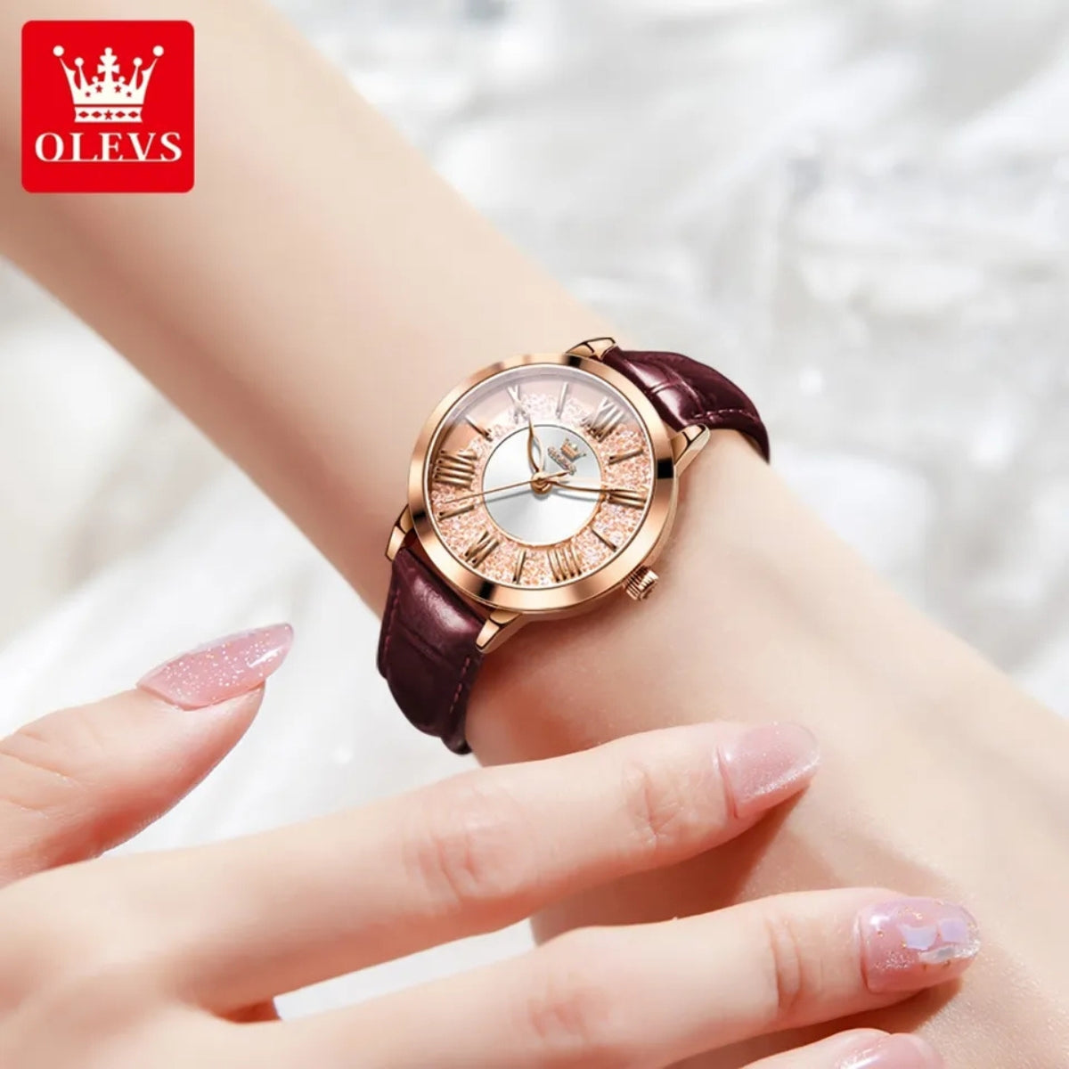 OLEVS 5539 Women’s Burgundy Skeleton Watch – Luxury Transparent Fashion Quartz Wristwatch (Waterproof)