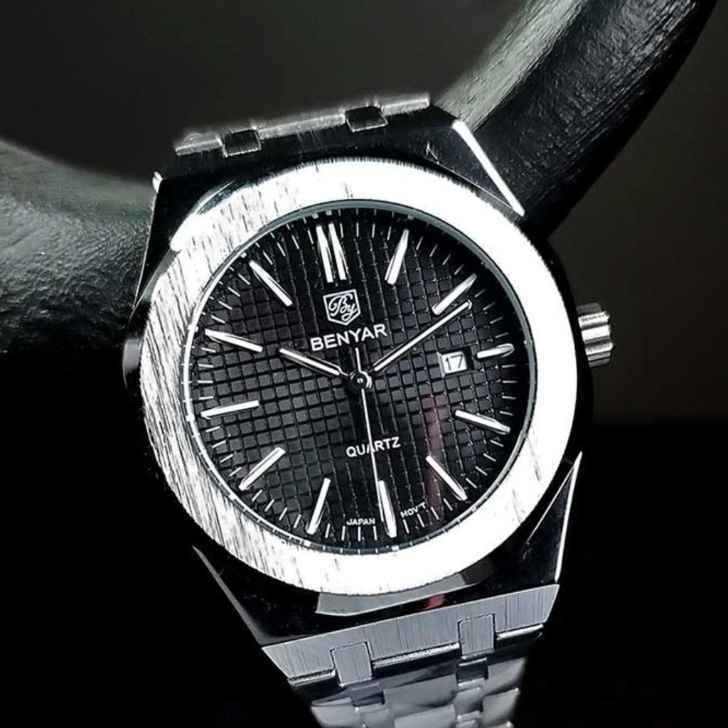 BENYAR 5156 Men's Luxury integrated-Bracelet "Royal Oak" Inspired Design- Silver and Black Watch