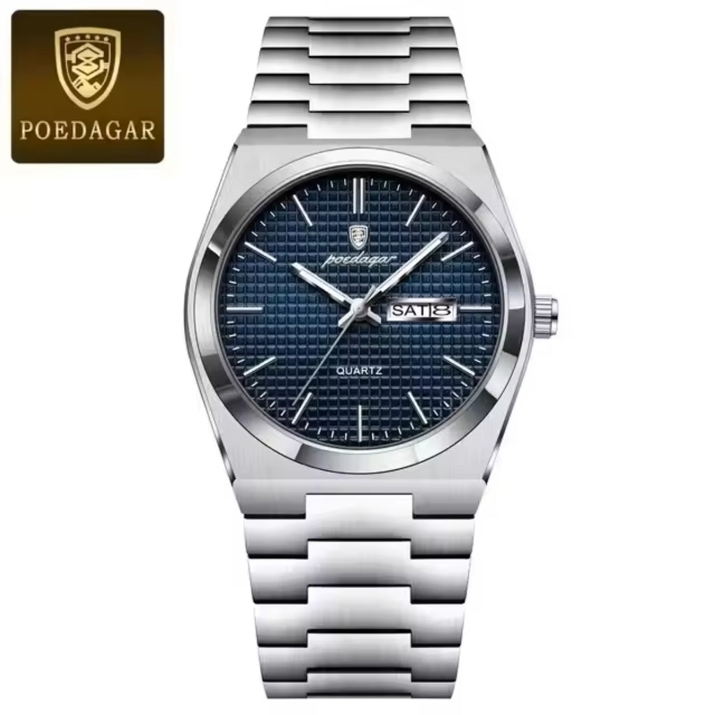 Poedagar 821 Men's Luxury Fashion Watch – Waterproof Luminous Quartz Wristwatch with Stainless Steel Band Blue