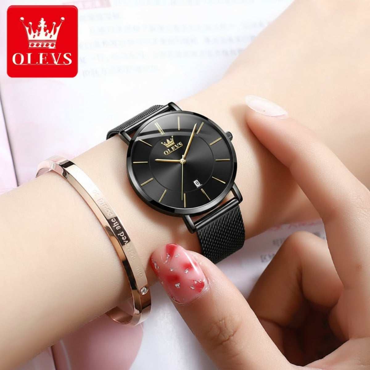 OLEVS 5869 Women’s Ultra-Thin Mesh Watch – Waterproof Luxury Quartz with Steel Strap Black