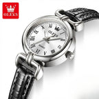 OLEVS 5645 Women’s Retro Classic Watch – Luxury Gold Quartz Wristwatch with Leather Strap & Roman Numerals Silver and White